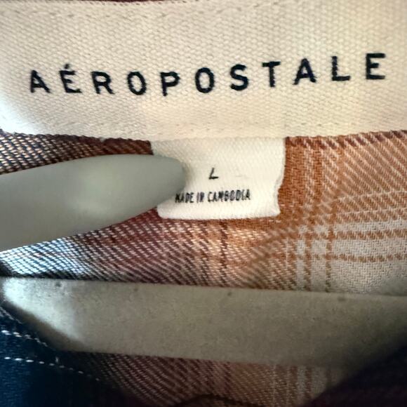 Aeropostale Men Pearl Snap Flannel Shirt SZ L Plaid Western Orange Black Burgund - Picture 3 of 6